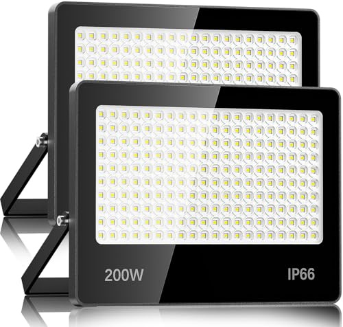 Focos LED Exterior 200W 2 Piezas - 20000LM 6500k Blanco Frío Superbrillante Proyector LED Exterior, IP67 Impermeable Luz Exterior para Estadios, Patios, Carreteras, Garajes