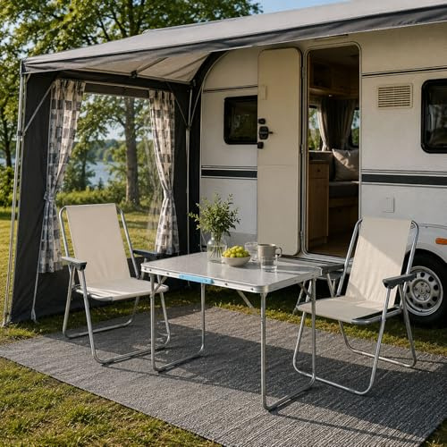 3tlg Campingmöbel Set Outdoormöbel Alu Camping L70xB50xH59cm 1x Campingtisch mit Tragegriff + 2 Campingstühle Beige
