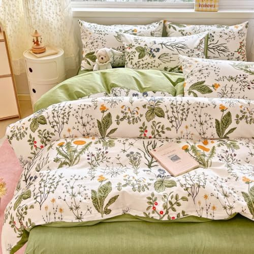 Michorinee Housse de Couette 200x200 Vert Blanc Feuilles et Fleurie Parure de Lit Adulte 2 Personnes Ensemble Coton Oeko-Tex Fleurs Parure Housse Couette avec 2 Taies d'Oreiller 65x65 Fermeture Éclair