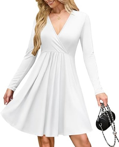 AUSELILY Ropa Mujer - Vestido Envolvente Mujer con Bolsillos - Escote V Fluido Elegante Casual Manga Larga hasta la Rodilla Blanco L