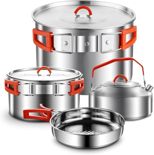 Camping Kochgeschirr Set Camping Koch Set Campingtöpfe und Pfannen Set | 304 Edelstahl, Campinggeräte für Wandern Outdoor Kochen Picknicks für 2-4 Personen