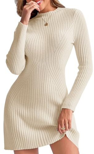 Saodimallsu - Abito da donna in maglia a maniche lunghe, con scollo rotondo, bodycon, pullover, a costine, linea ad A, slim fit, mini abito elegante, in maglieria fine, abito da tempo libero, per