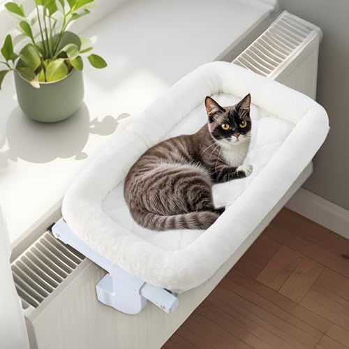GUUSII HOME Katzen Heizungsliege Katzenliege Balkon Katzenbett für Katze Bettkante Heizung Kätzchen Hängen Liegeplatz Einhängen Heizungsbett Hängematte Heizkörperliege Halten 18kg(Weiß,L)