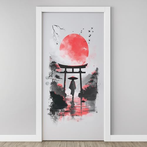 Sticker Porte Porte Torii Japonais Autocollants de Porte Samouraï Soleil Montagne 3D Amovible Peinture à L'encre Affiche Sticker Autocollants de Décoration Chambre Salon Cuisine Salle 77x200cm B4s31