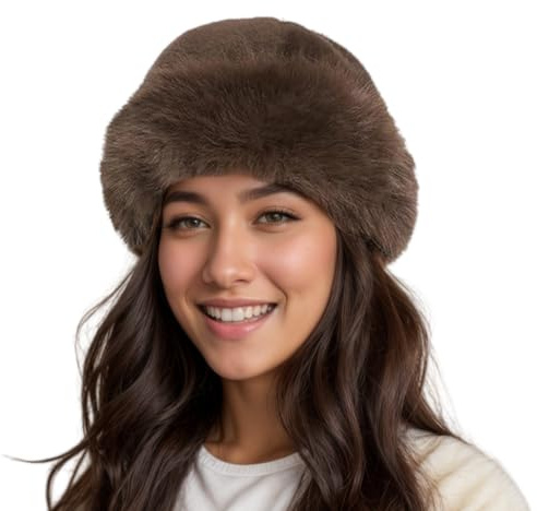 Womens Winter Faux Fur Bucket Hat Warm Plush Fluffy Furry Mongolian Hats Fuzzy Fisherman Cap Beanie for Girls Women (Brown)