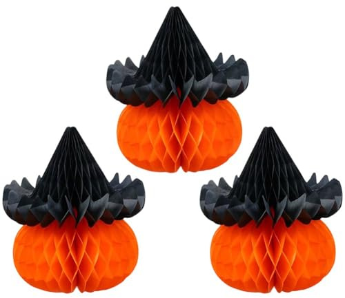 Tsffae Palla Appendere a Nido D' con Zucca di Carta 3D, 3 Pezzi, Decorazione per Feste di Halloween con Cappello Strega E Zucca.