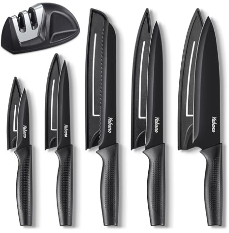 Knife Set, 5 Pieces Kitchen Knives Set with Healthy Anti-Rust Coating, Dishwasher Safe, Stainless Steel Chef Knife Sets with 5 Blade Guards and Knife Sharpener, Perfect Holiday Gifts for Kitchen