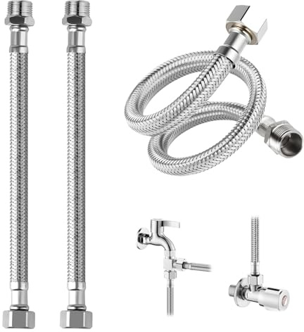 Fourindo 2 tubi flessibili da 3/8 pollici (60 cm: 30 + 30 cm), tubo corazzato in acciaio inox 304 con filettatura/filettatura esterna, flessibile per rubinetto, valvola angolare, cassetta di