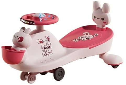 Voiture Porteur Enfant Voiture Musicale à Bascule, lumière balançoire silencieuse Clignotante Rotation des Roues Mouvement de Rotation for diriger Vélo-Trolley(Roze,No Push Handle)