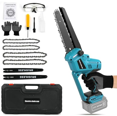 Batteridriven motorsåg 8 och 10 tum, kompatibel med Makita 18 V-batteri (utan batteri), borstlös minimotorsåg med automatisk kedjesmörjning, 2 plattor, 4 kedjor, handskar, skyddsglasögon och fodral