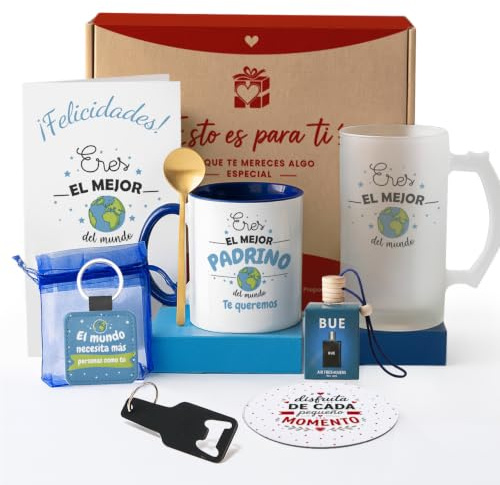 Kembilove® Pack Regalo Padrino | Regalo Original para Hombre con Jarra Cervecera y Taza Personalizada | Detalle Cumpleaños Navidad o Día Especial | Caja Sorpresa Emotiva