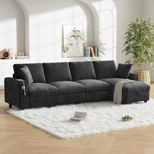 Chenille-tygsoffa, L-format hörn och två armstöd med förvaringsutrymme. Utfällbart soffbord med två mugghållare, 1 USB och 1 typ C. L-formad del kan placeras vänster eller höger. grå