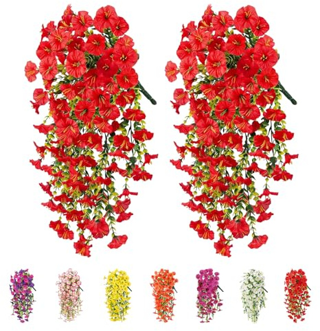 2Pcs Artificial Hanging Flowers Outdoor, Fake Trailing Plants Morning Glory Decoration UV-Resistant for Hanging Baskets - Spring Decor Garden Porch Wedding , Drooping Design for Pots & Patio (Red)