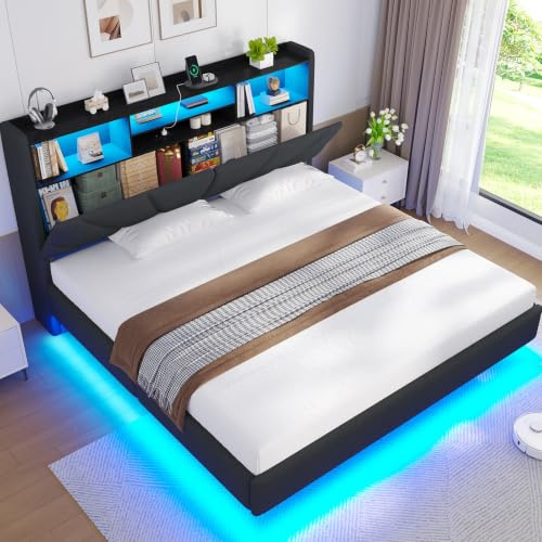 Brinlawb Schwebebett Polsterbett 160x200 cm mit LED-Beleuchtung und Ladestation (2 Steckdosen, 1 USB-A, 1 USB-C) Polsterkopfteil mit offenem Regal und verstecktem Stauraum, Doppelbett 160x200 cm, Grau