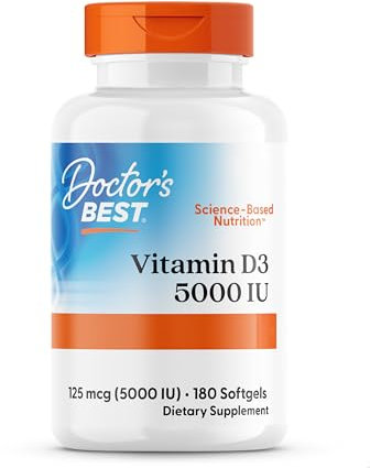 Doctor's Best, Vitamin D3, 5.000UI, Dosis Alta, Dosis Semanal de Depósito, 180 Cápsulas blandas, Probado en Laboratorio, Sin Soja, Sin Gluten, No GMO