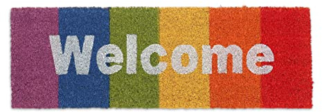 Relaxdays Fußmatte Kokos, Welcome-Schriftzug, 75 x 25 cm, Regenbogen, Abtreter innen & außen, wetterfeste Türmatte, bunt