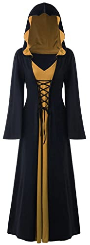 Disfraz de bruja medieval y renacentista vintage de Halloween, vestido para mujer, disfraz de bruja vampiresa con capucha (negro-dorado, 3XL)