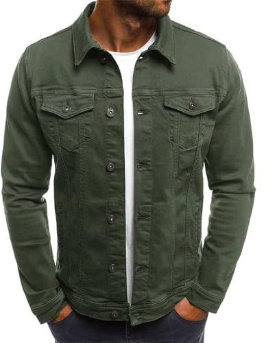 amropi Giacca di Jeans Uomo Giubbotto Casual Denim Giubbino Slim Fit Jacket Verde, L