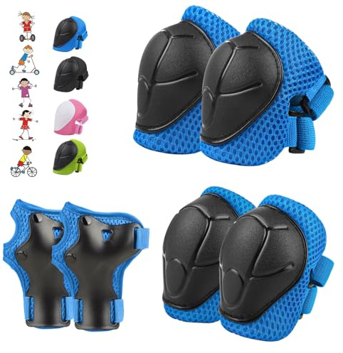 6PCS Kids Protective Gear Set, Knee Pads for Kids 3-10 Years Old, Toddler Elbow Pads, Wrist Guards, Skating Cycling Bike Rollerblading Scooter, Upgraded & Durable Material, Boys, Girls,Youth, Blue