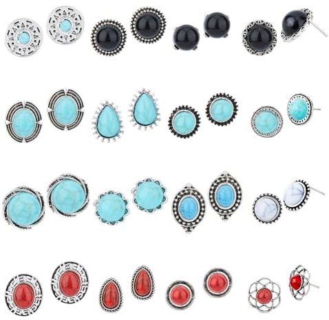 SUPERFINDINGS 16 paio di Orecchini A Bottone Turchese Vintage Orecchini A Cerchio Turchese Orecchini Ovali Rotondi con Pietre Preziose Orecchini A Bottone Boho Orecchini Tribali Etnici Blu Gioielli