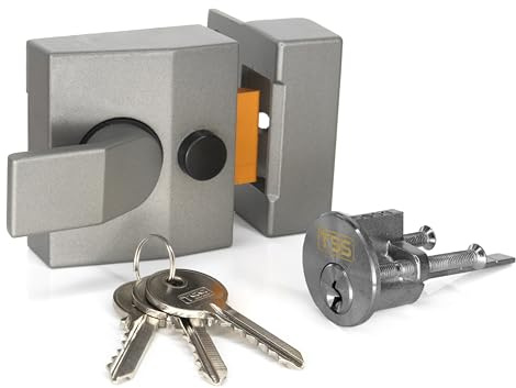 TSS Modern Non-Deadlocking Nightlatch, 40mm Backset, Complete with Rim Cylinder Lock Supplied with 3 Keys. External Door Lock for Front Door and Back Door (Grey Lock/Silver Cylinder)