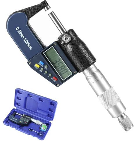 QWORK Digital Outside Micrometer with Carbide Tip, 0-1 Inch / 0-25 mm Measuring Range, High Accuracy ±0.002 mm, LCD Display