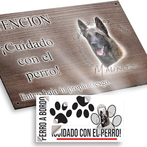 Malinois de ring Cartel Cuidado Perro Peligroso 20x12,5cm - Diseño Madera Marrón Dibond con Pegatina Coche 20x5cm