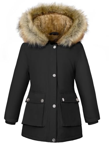 Vancavoo Manteaux Fille Hiver Parka Veste Enfant Longue Blouson Epaisse Manteau à Capuche Chaud Polaire Vêtements D'extérieur pour 6-12 Ans,Noir,145-155CM