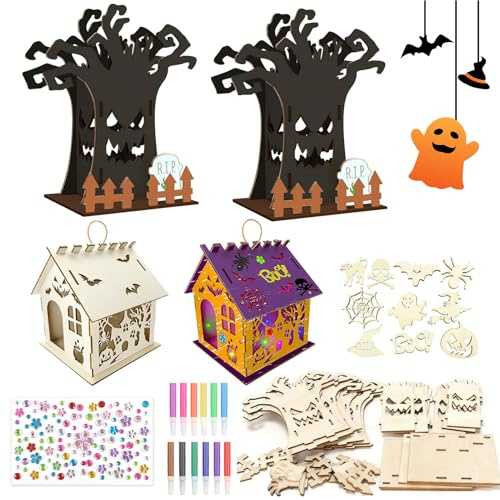 Kit de bricolage maison citrouille d'Halloween pour enfants, décoration de bricolage maison d'Halloween, 2 arbres en bois + 2 maisons de citrouilles + 12 bâtons de fluorure aquarelle + autocollants