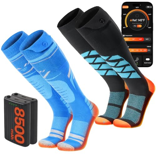 SURGOAL 2 Pairs Heated Socks, 15-Hour Runtime & 145°F Heating, Merino Wool Ski Socks with 2×8500mAh Rechargeable Electric Battery, APP-Controlled Men Women Hunting, Camping (Blue-Orange, OS)