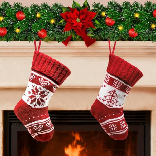 Nikolausstrumpf Kinder, 2 Stück Gestrickt Weihnachtsstrumpf, Nikolaussocke zum Befüllen und Aufhängen, Nikolaussocke, Nikolausstrumpf, Weihnachtsbaum Kamin Deko für Wand, Treppe, Weihnachtsbaum