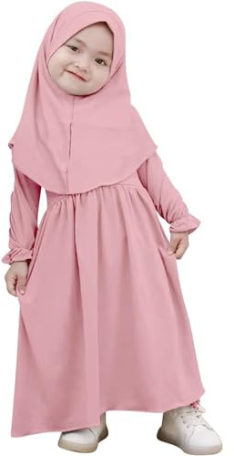 Generisch Foulard Abaya musulman pour fille, couleur pure avec hijab, Rose, 18-24 mois