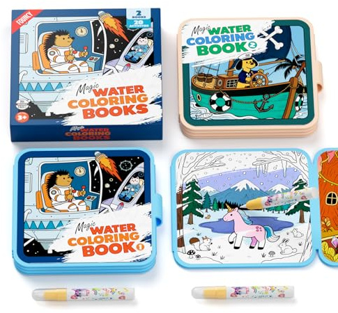 FOUNCY Reusable Water Coloring Books for Kids – 2 Pack EVA Magic Water Painting Books with 2 Water Pens, Animal Themes – Mess Free Coloring Activity, Reusable Travel Toy Gift for Kids Ages 3+