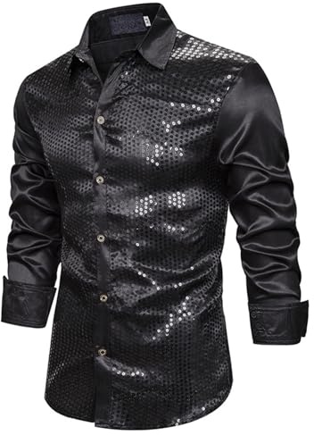 Glitzer Hemd Herren Pailletten Hemd Langarm Party Silvester Fasching Glitzerhemd Metallic Pailettenhemd Disco Outfit Kostüme Männer Karneval Fashion Glitzer Herrenhemd Einfarbig