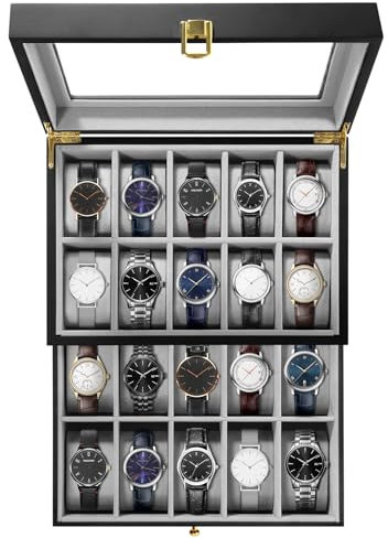 Uten Uhrenbox Holz mit 20 Fächern, Uhrenkasten Herren Damen schwarze Aufbewahrungsbox Holz