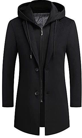 PRIJOUHE Men's Wool Coat Hoodie Long Trench Coat Cotton Casual Woollen Overcoat Jacket