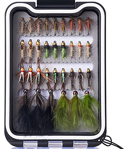 Bassdash Fliegenfischen Fliegen Set Forellenbarschangeln mit Fliegenbox, 36/64/72/76/80 / 96Stk. Mit Trockenfliegen/Nassfliegen, Nymphen, Streamers, Popper