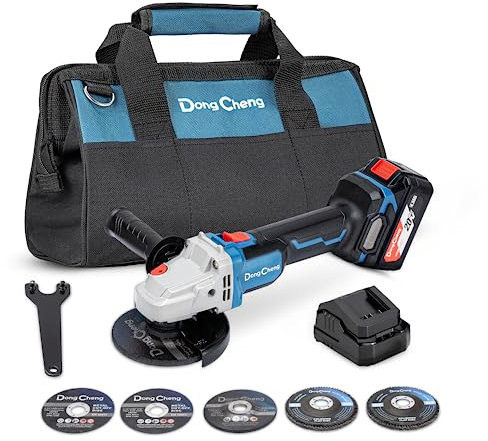 DongCheng Amoladora Angular Con Batería de 18 V, Diámetro de Disco: 115 mm, Sin Escobillas, Con 2 Discos Abrasivos, 2 de Corte, Tuerca de Sujeción Rápida y Mango Adicional
