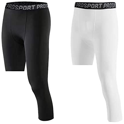 WISREMT Pantalones de compresión para Hombres 3/4 Monopod Tights Athletic Base Layer Leggings para Correr Yoga Baloncesto, Pack de 2
