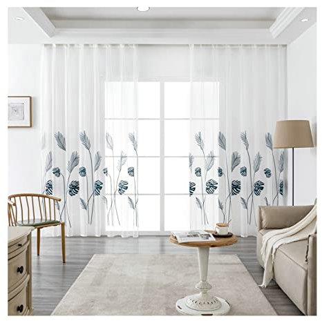 Lieson Schlafzimmer Gardinen Modern Set 2 Stück, Polyester Vorhänge Halbtransparent mit Ösen Tropisch Blätter Muster Vorhang Wohnzimmer Grün 132x183CM