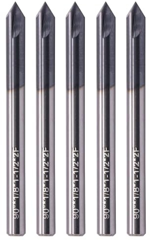BestParts 5pcs High Performance Solid Carbide End Mill, Chamfer Mill - Single End - AlTiN Coated, 2 Flute, 90° Chamfer Angle, 1/8 Cutting Diameter, 1/8 Shank Diameter, 1-1/2 Overall Length