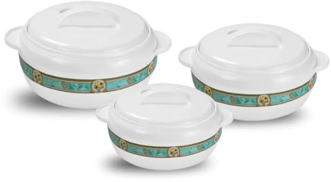 Asian 3-Piece Gift Set Karishma 5L + 8L + 10L Insulated Casserole Serving Bowl With Lid Food Warmer Cooler Hot Pot Storage Container Thermo Thermal Hotpot, White (5000ml + 8000ml + 10000ml)