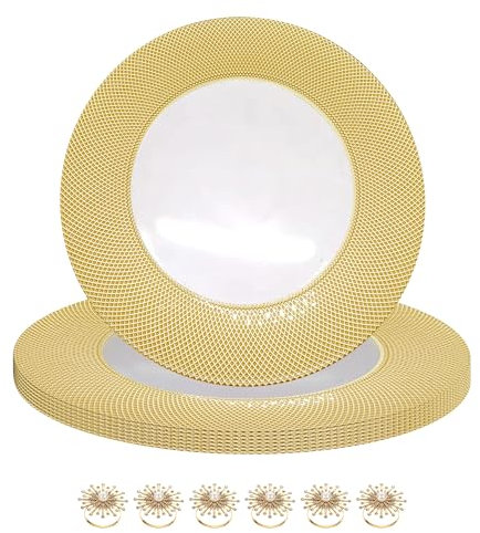 WedDecor Lot de 6 assiettes de présentation en verre transparent de 33 cm avec motif à carreaux dorés et ronds de serviette en perles et strass – Parfaites pour les mariages, les dîners et les