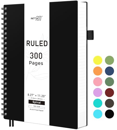 RETTACY A4 anteckningsblock, anteckningsbok, spiralbundna anteckningsböcker, 300 ark/150 sidor att skriva, 100 g/m² collegelinjerat papper, PVC-inbundet 21,5 x 27,9 cm – svart