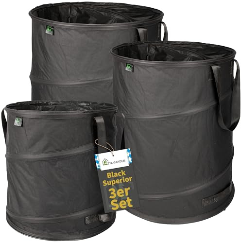 TTL GARDEN Pop Up Gartensack BLACK SUPERIOR 1x 215L 1x 170L 1x 85L 260gsm | DOPPELTER BODEN extra stabil 600D Oxford 3er Set 215 Liter Gartenabfallsack, Laubsack, faltbar Grünschnitt, Garten Abfall