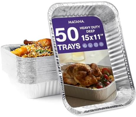 MATANA 50 Large Aluminium Foil Trays – 37×27cm (5000 ml) | Heavy-Duty Roasting & Baking Pans – Sturdy, Disposable or Reusable Food Containers, Oven & Freezer Safe