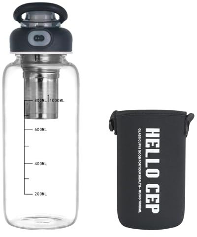 Glass Water Bottle with Time Marker, 25oz Capacity, Leak-Proof Lid, Stainless Steel Tea Strainer, BPA-Free for Hot or Cold Drinks, Travel Bottle