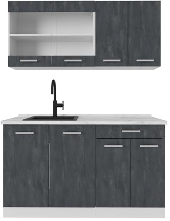 Vicco Singleküche R-Line, Schwarz Beton, 140 cm | 4 Module · Höhenverstellbare Füße · AP Marmor inkl. · Robuste Fronten · Mit Glasschrank · Frei kombinierbar