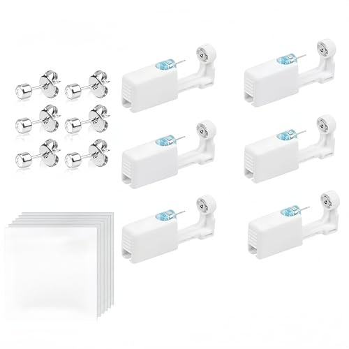 Aucuu 6 Pack Ear Piercing Gun, Painless Self Ear Piercing Kit, Safety Asepsis Earring Ear Stud Gun Kit Tool with 6 Ear Studs for Girls Women Men, White