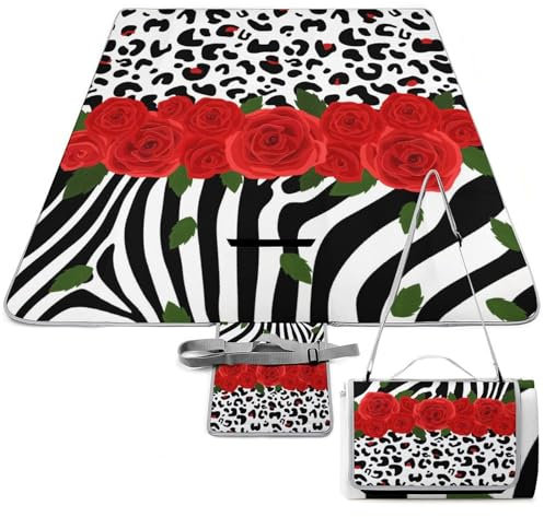 SEEKJOYS Picknickdecke mit Tiermotiv, Zebramuster, Leoparden-Rose, mit Tragegurt, faltbar und tragbar, 3-lagig, wasserdicht, sanddicht, Stranddecke für Outdoor, Camping, Reisen, Gras, Rasen, Park,